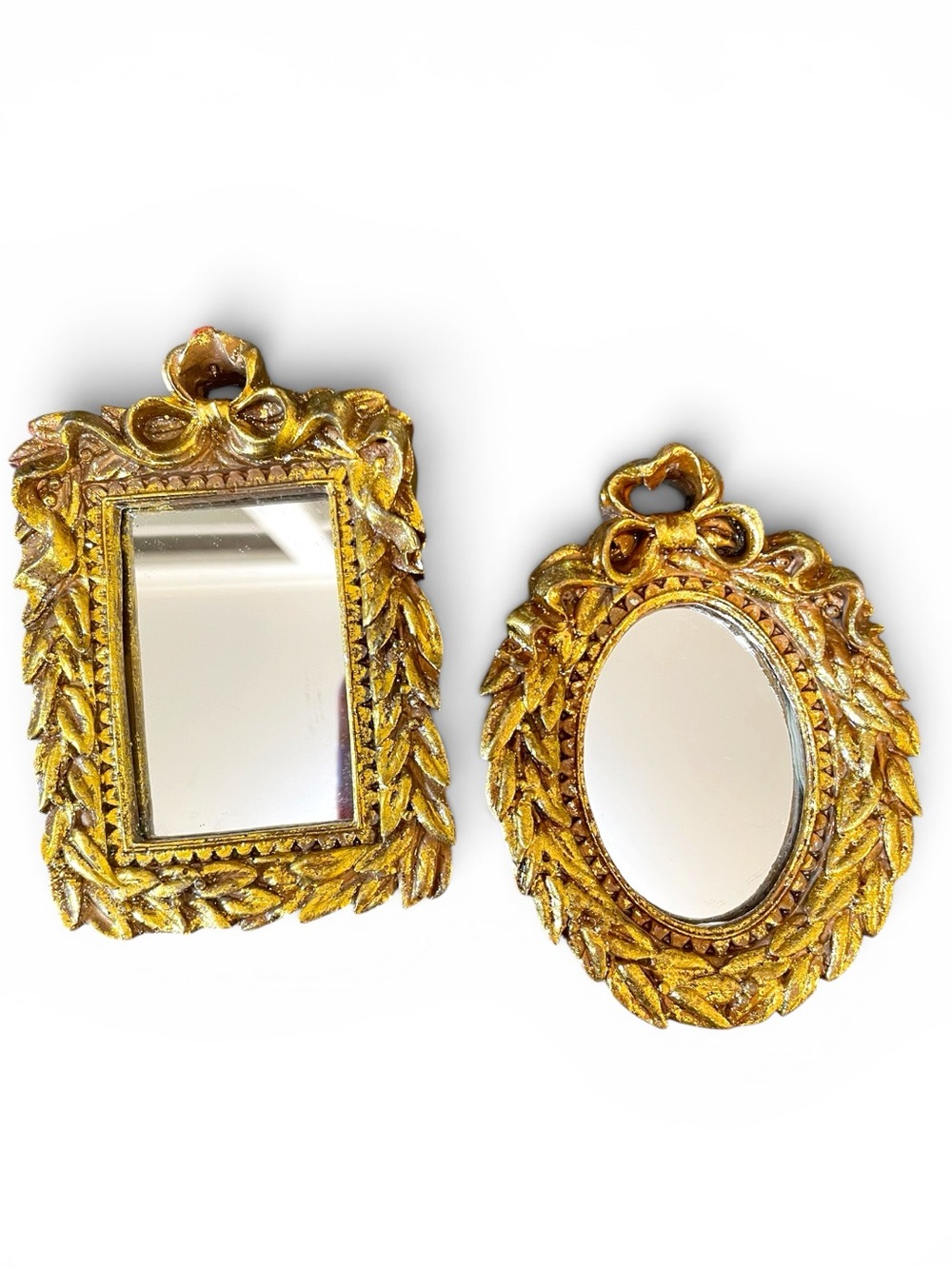 Vintage small mirrors, wood frames painted gold, missing top loop on the oval